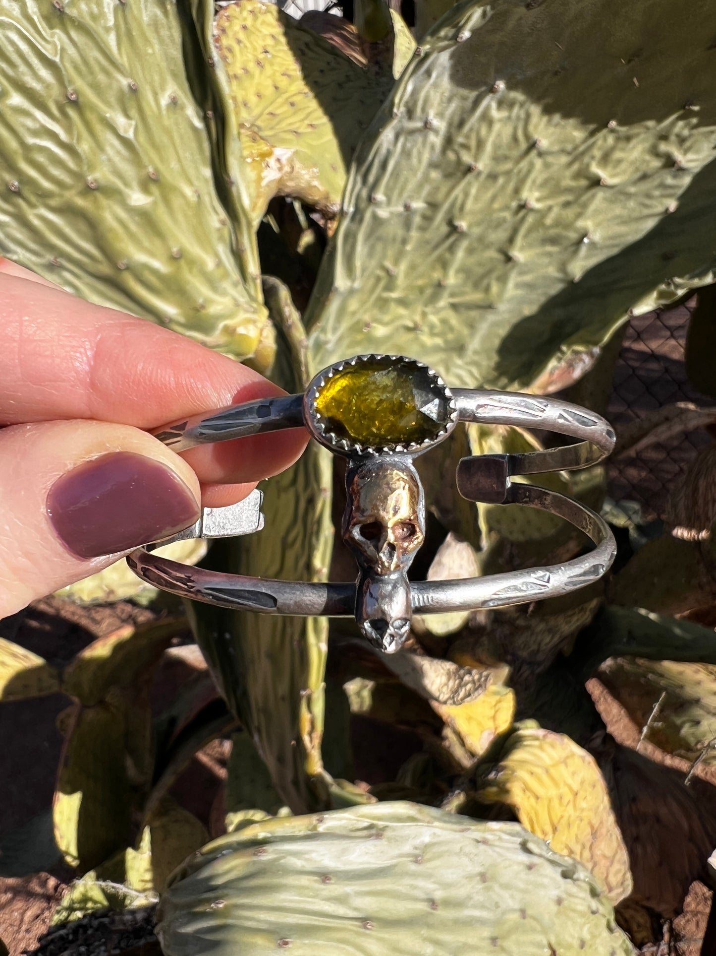 Green Watermelon Tourmaline Double Skull Cuff Bracelet