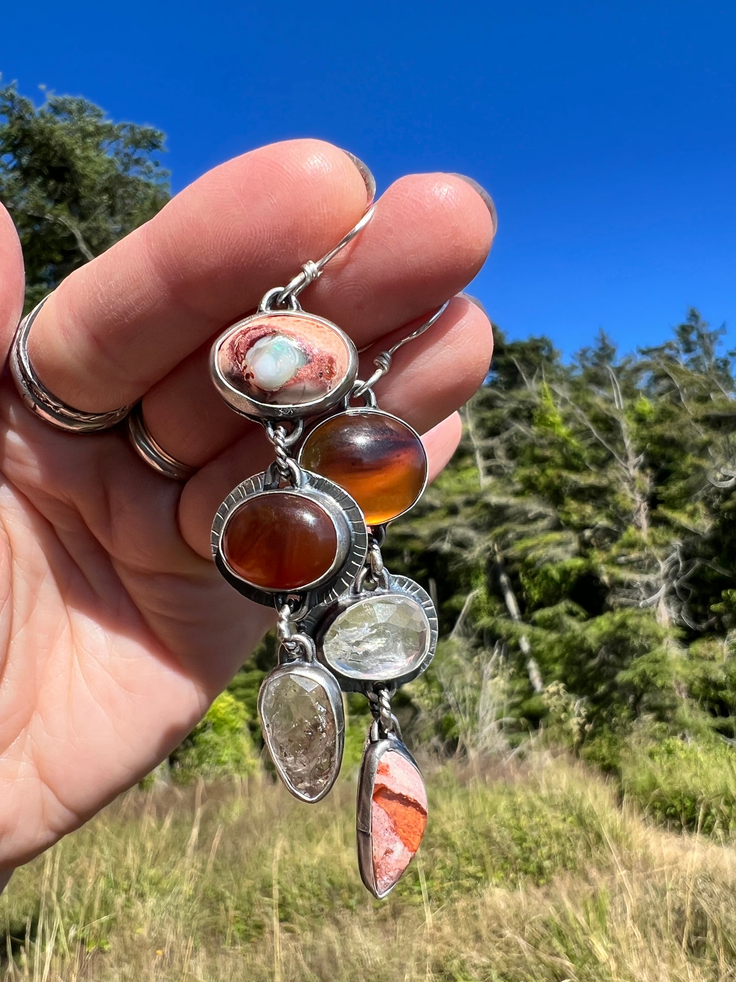 Lollipop Earrings of Mexican Fire Opal, Baltic Amber and Herkimer Diamond