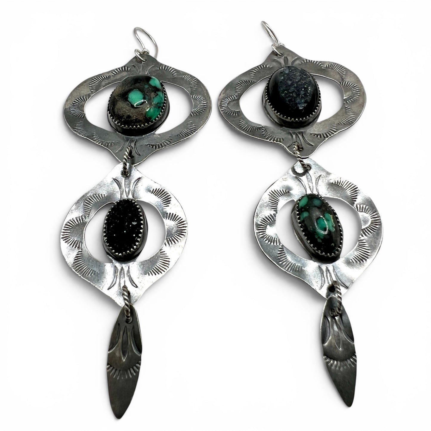 Emerald Rose Variscite and Black Druzy Bombay Beach Earrings