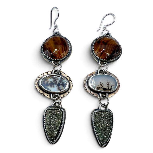 Montana Agate, Dendritic Agate and Pyrite Lollipop Earrings