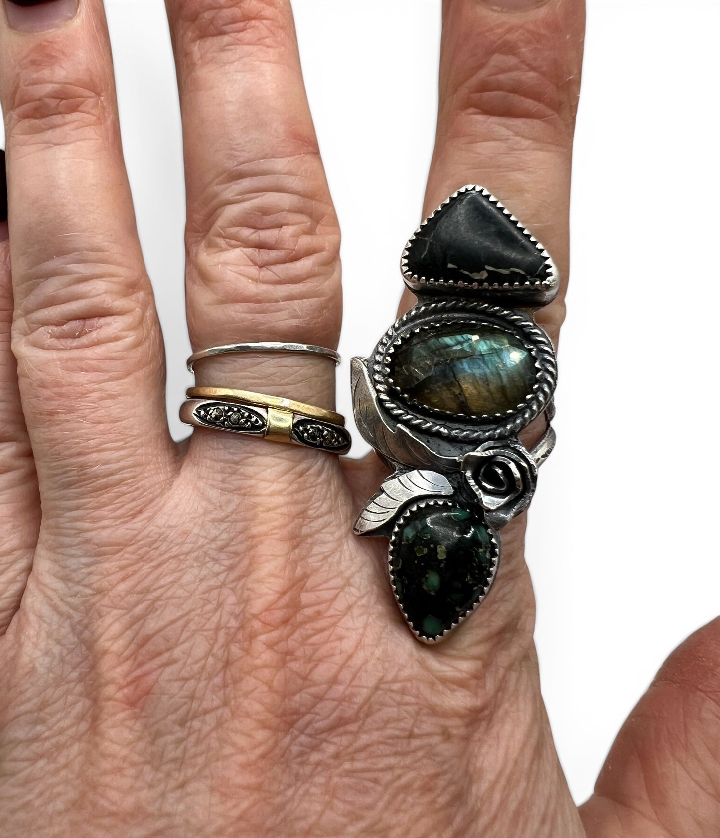 White Buffalo Turquoise, Labradorite and Emerald Rose Variscite Rose Parade Ring size 8
