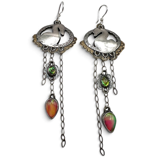 Swan Lover Earrings with Aura Opal and Abalone