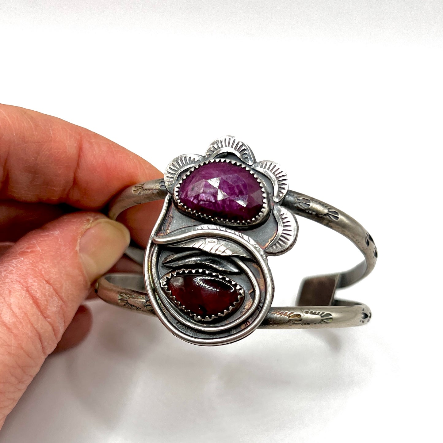 Ruby and Garnet Flower Cuff Bracelet