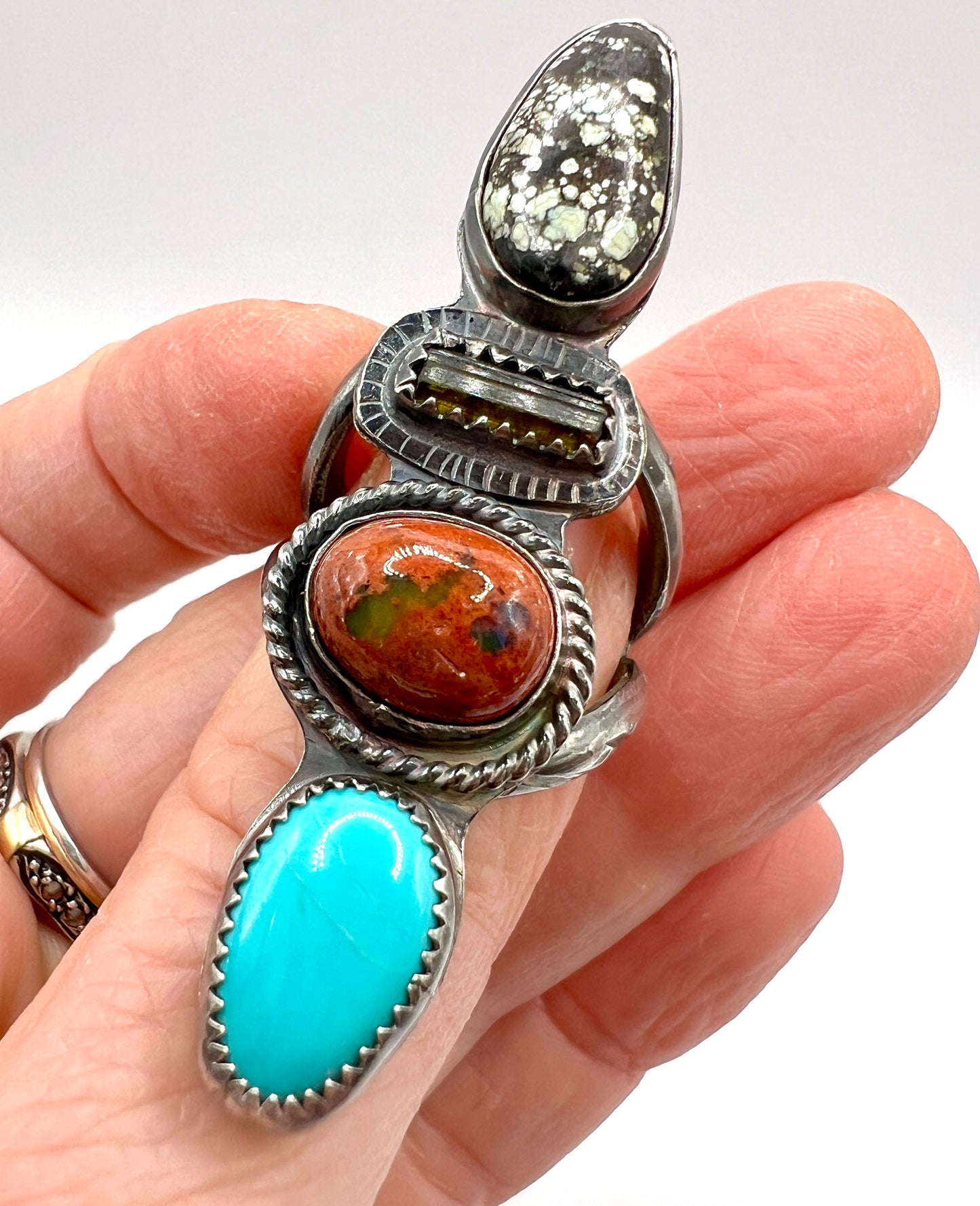 Poseidon Variscite, Watermelon Tourmaline, Mexican Fire Opal and Blue Bandit Turquoise 4 Stone Ring size 5.5