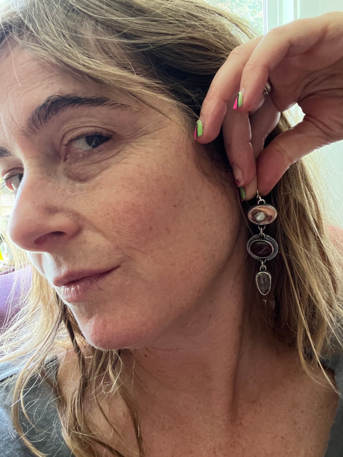 Lollipop Earrings of Mexican Fire Opal, Baltic Amber and Herkimer Diamond
