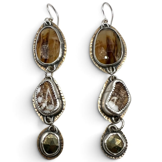 Lollipop Earrings of Montana Agate, Wild Horse Magnesite and Pyrite