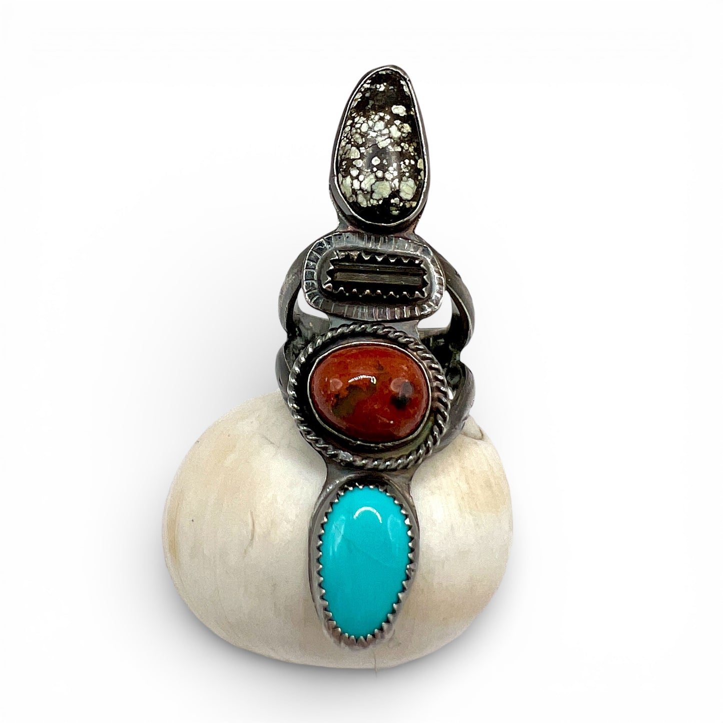 Poseidon Variscite, Watermelon Tourmaline, Mexican Fire Opal and Blue Bandit Turquoise 4 Stone Ring size 5.5