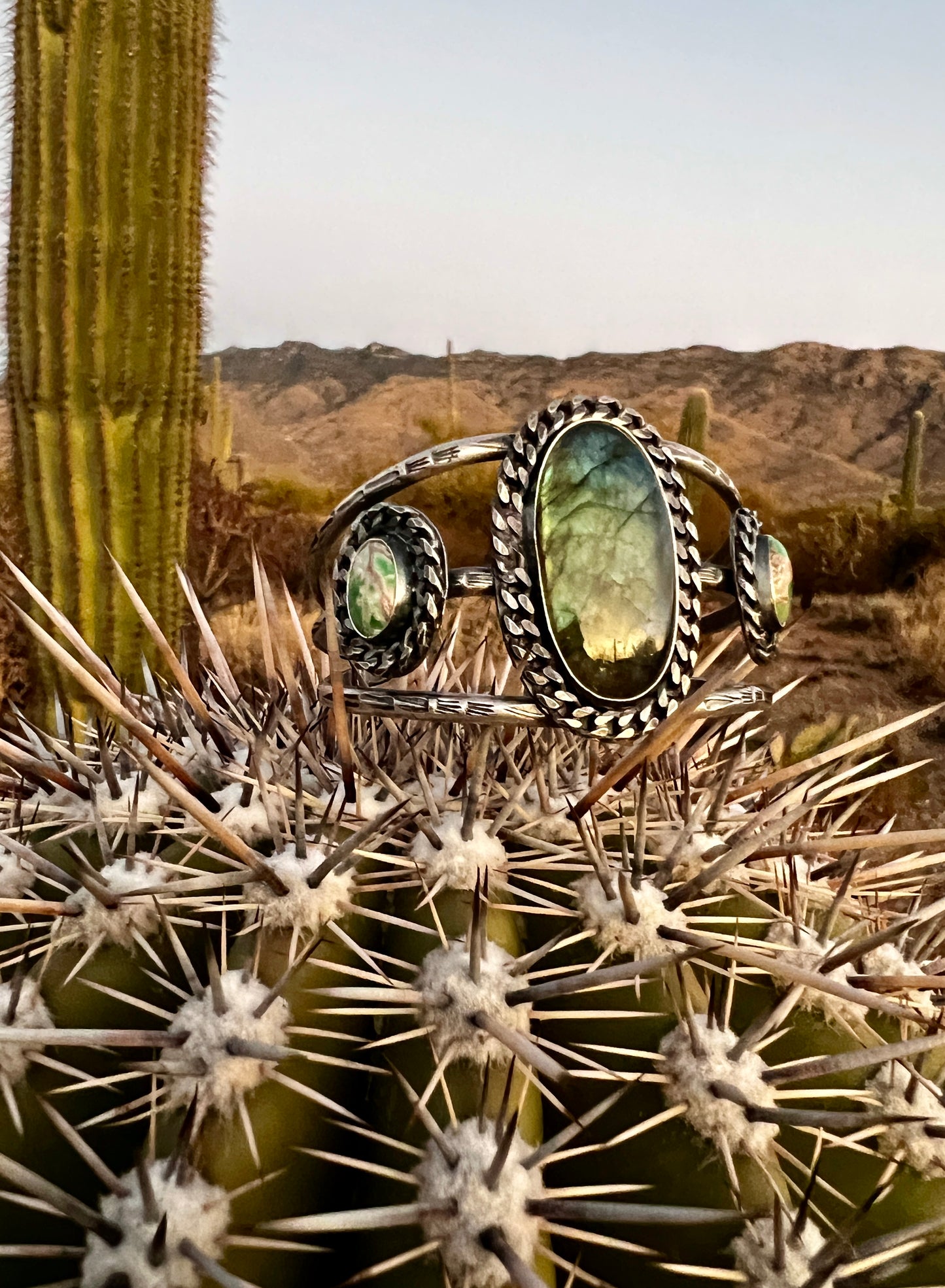 Labradorite and Variscite Chain Cuff Bracelet