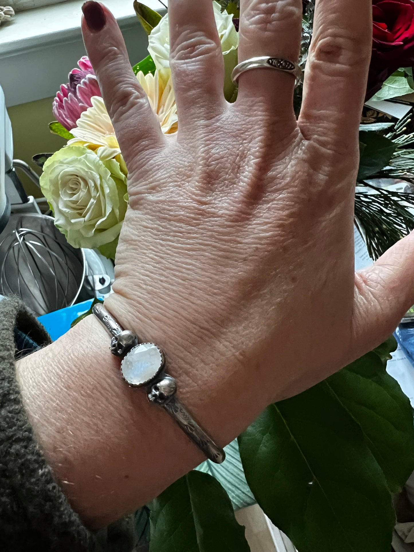 Moonstone Sterling Skulls Cuff Bracelet