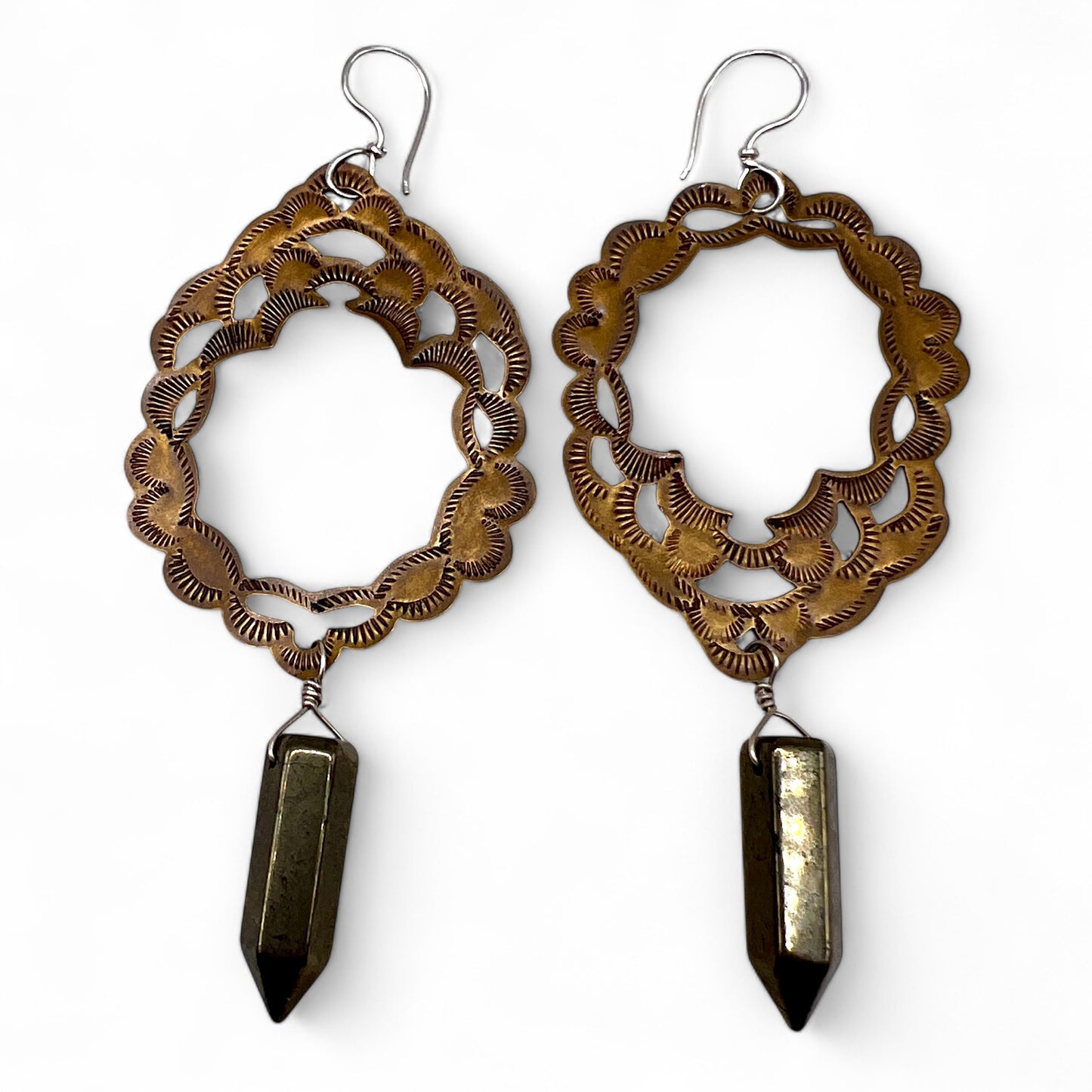 Brass Magic Mirror Hoops with Pyrite