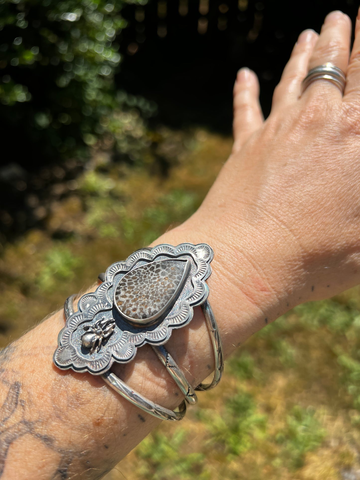 Fossil Coral Spider Cuff Bracelet