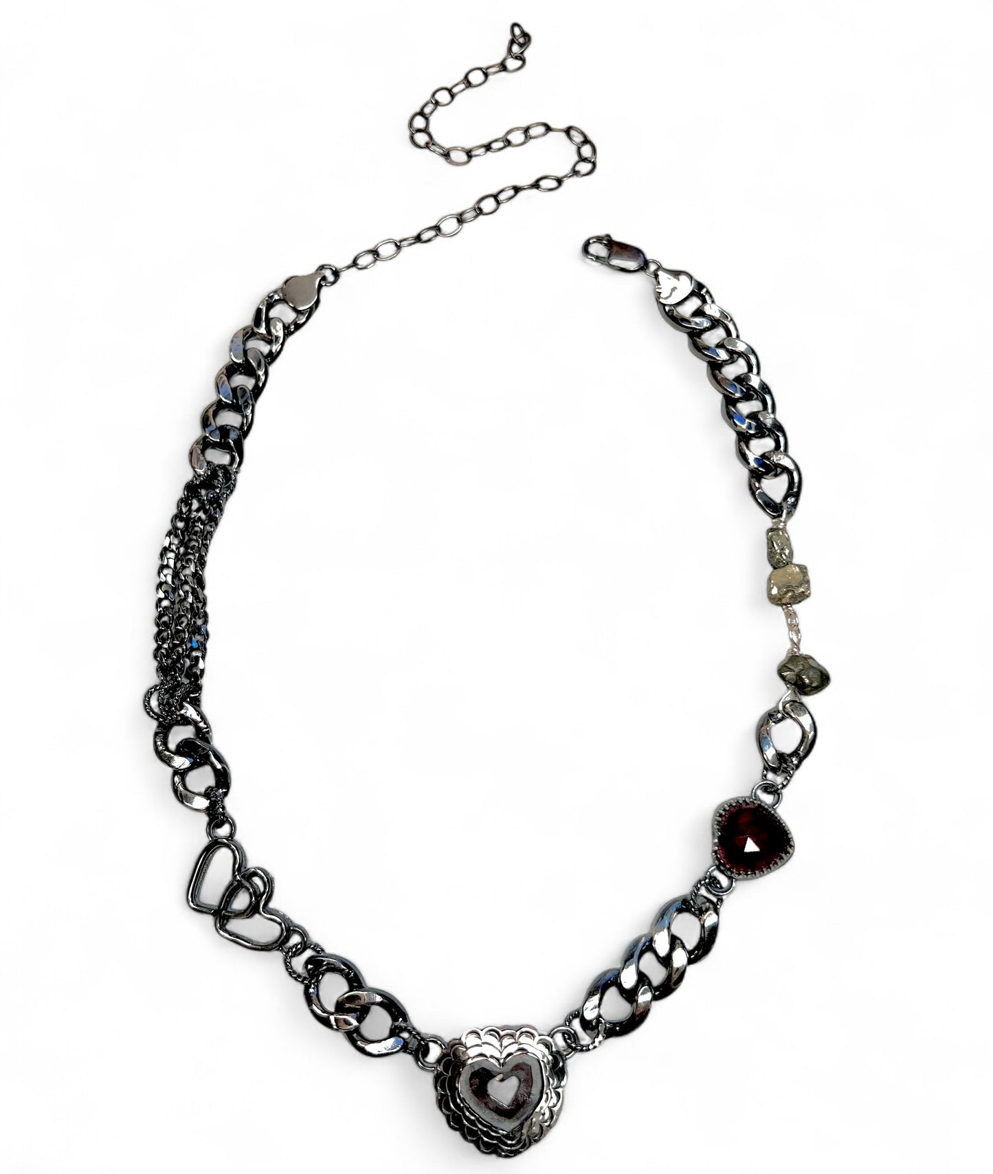 Garnet Sweetheart Necklace With Interlacing Hearts and Pyrite