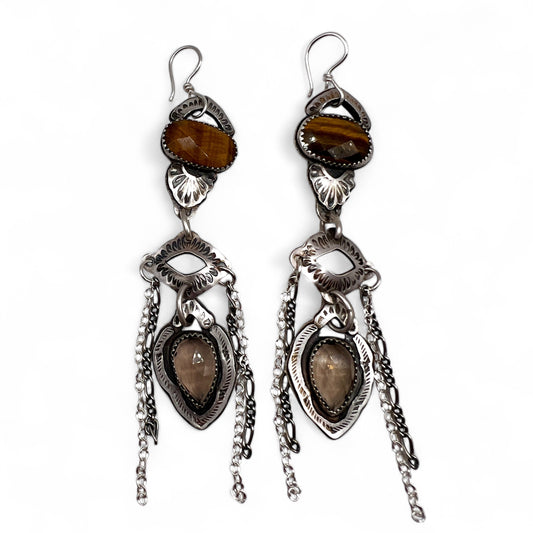 Tigers Eye and Smoky Quartz Dangle Earrings