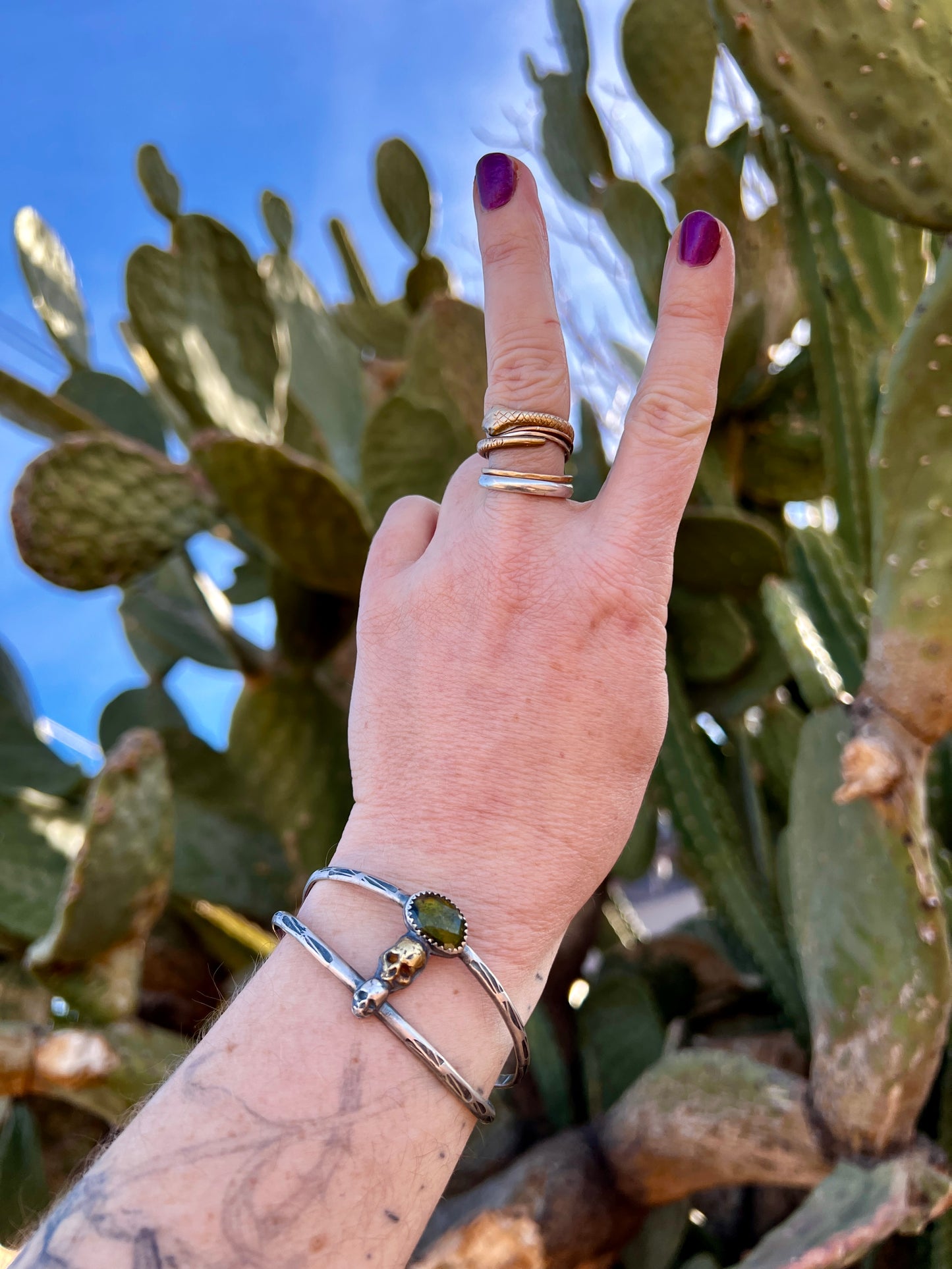 Green Watermelon Tourmaline Double Skull Cuff Bracelet