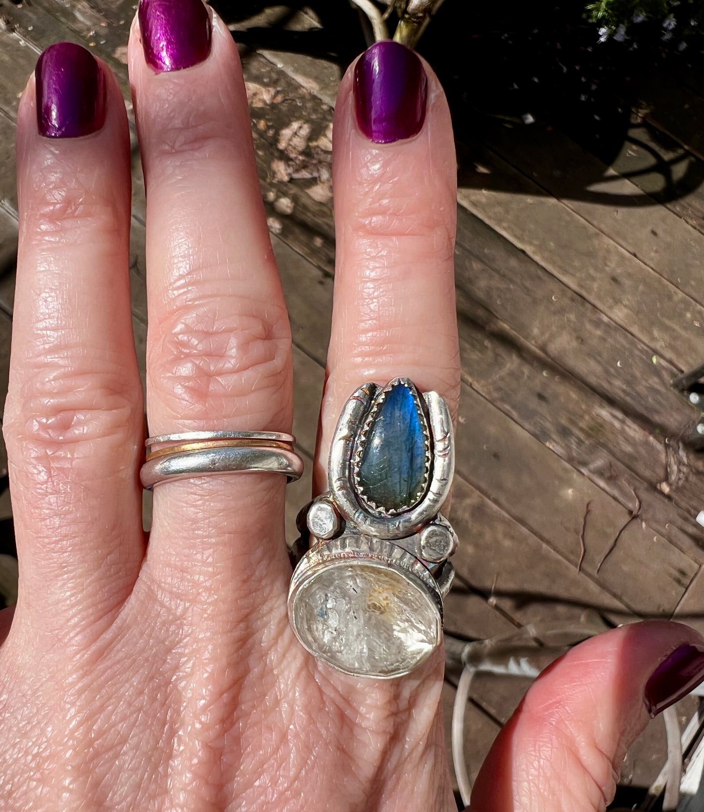 Labradorite and Herkimer Diamond Ring size 7.5