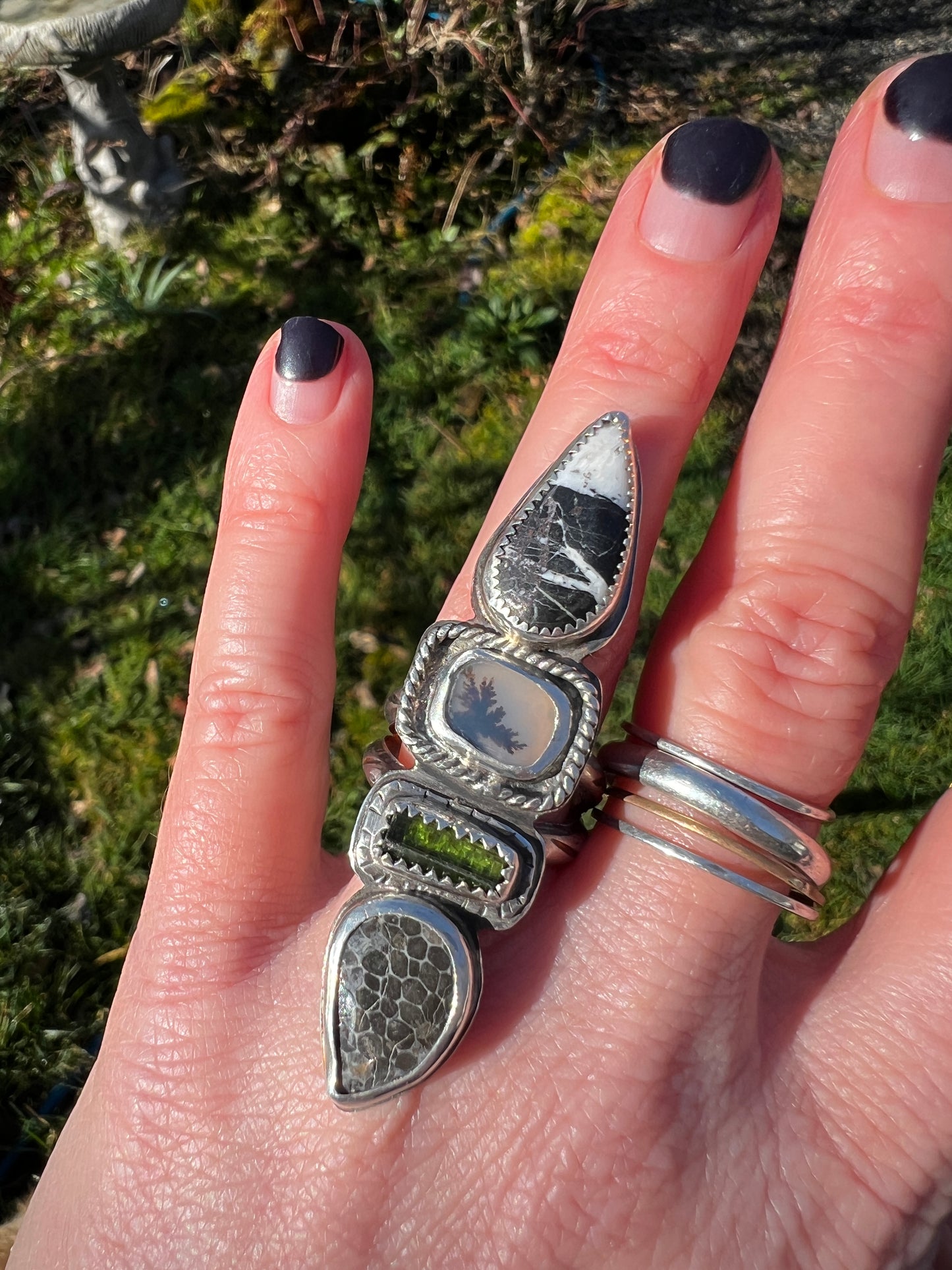 White Buffalo Turquoise, Dendritic Agate, Watermelon Tourmaline and Fossil Coral Quadruple Ring size 6.25