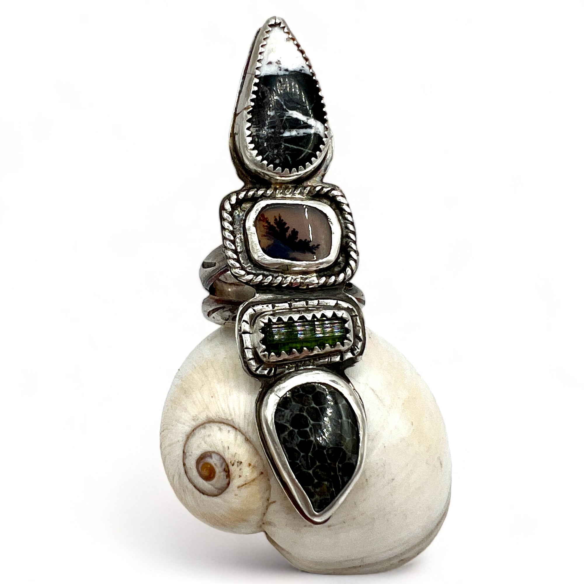 White Buffalo Turquoise, Dendritic Agate, Watermelon Tourmaline and Fossil Coral Quadruple Ring size 6.25