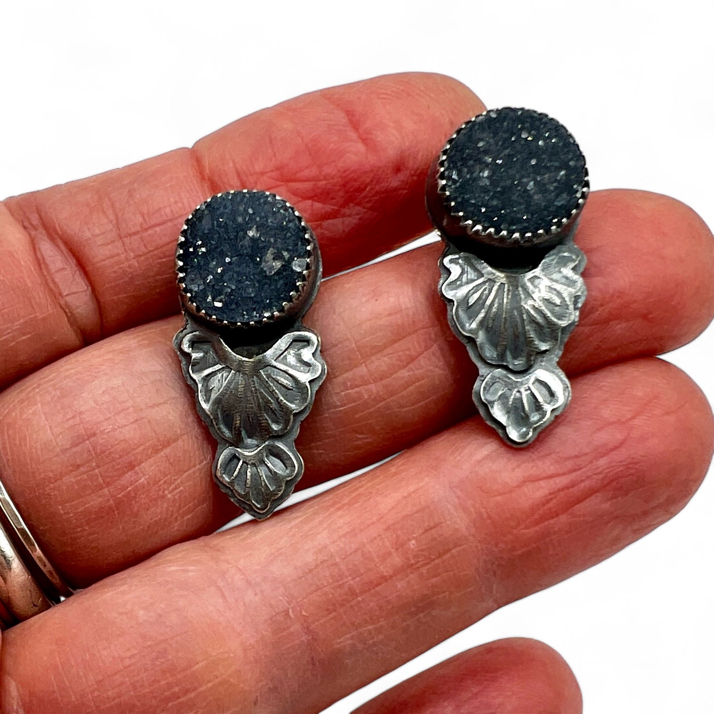 Black Druzy Flourish Studs