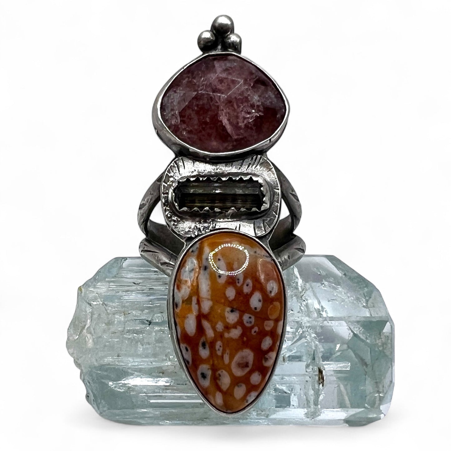 Strawberry Quartz, Tourmaline and Jasper Ring size 7.75