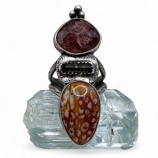 Strawberry Quartz, Tourmaline and Jasper Ring size 7.75