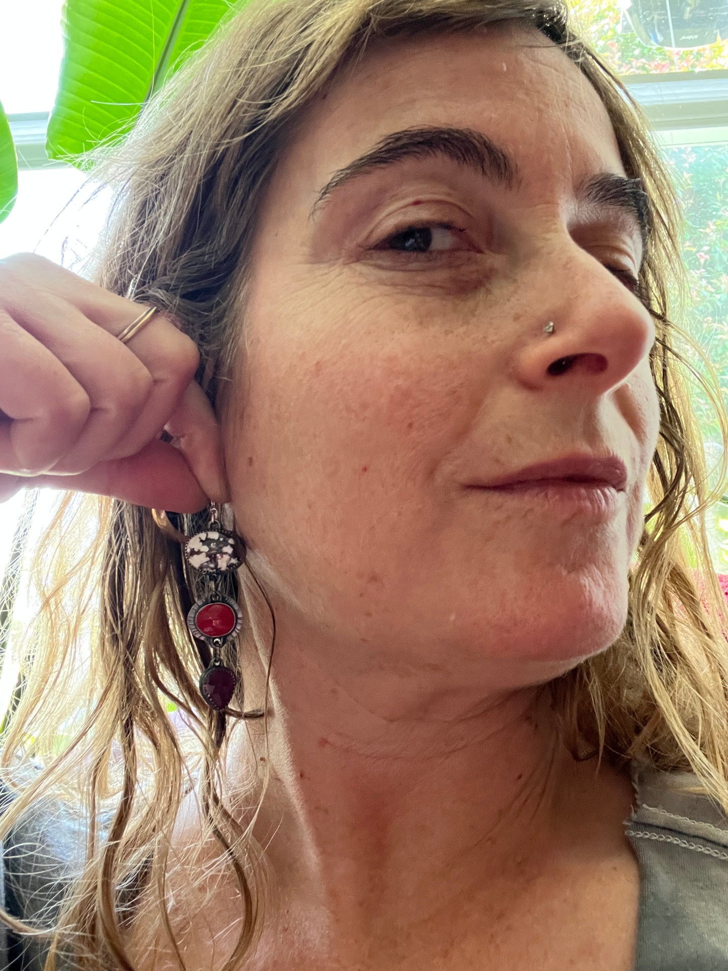 Lollipop Earrings of Wild Horse Magnesite, Rosarita, Ruby and Strawberry Quartz