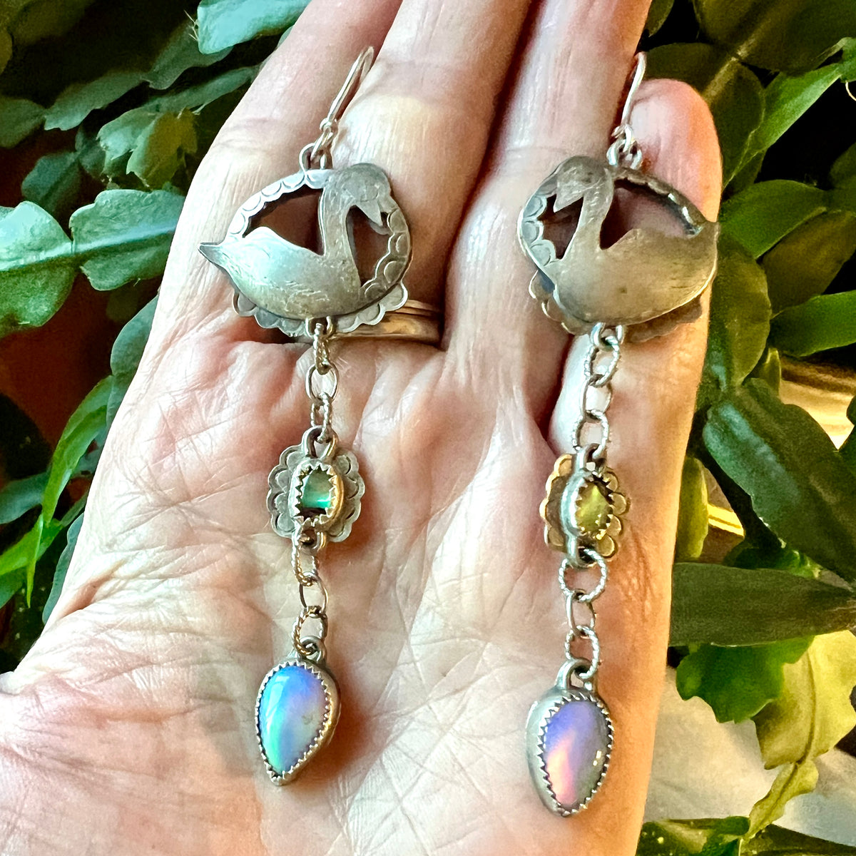 Swan Lover Earrings with Aura Opal and Abalone