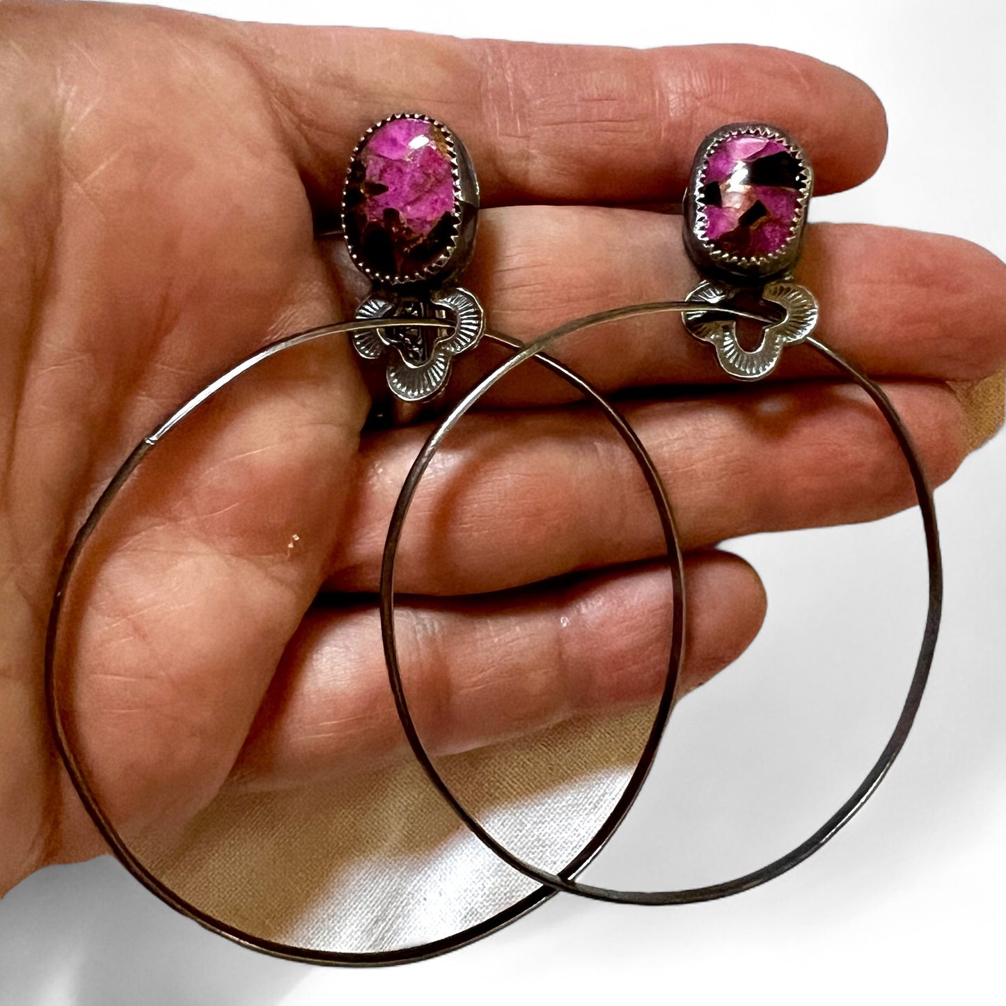 Pink Calcite Black Onyx Sterling Otter Hoops