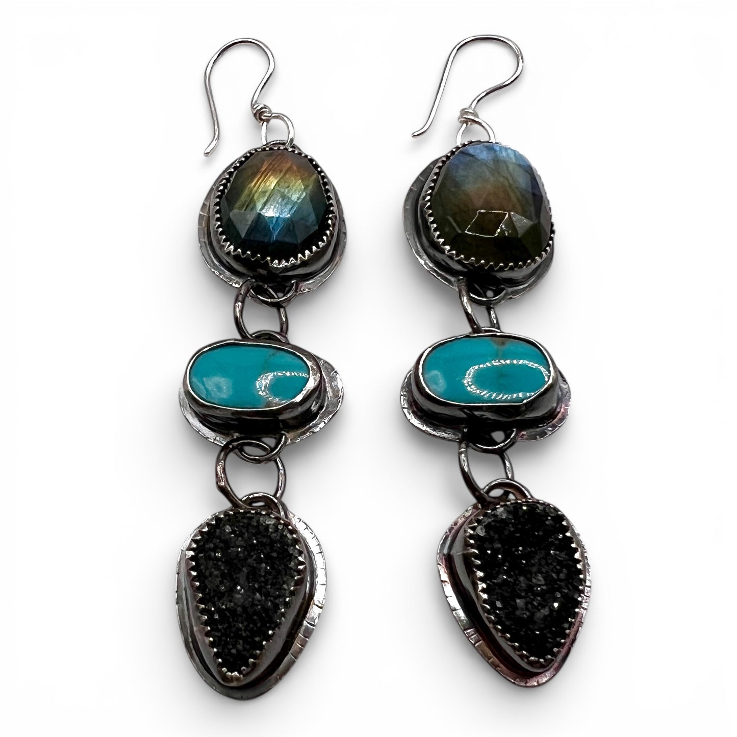 Labradorite, Turquoise and Black Druzy Lollipop Earrings