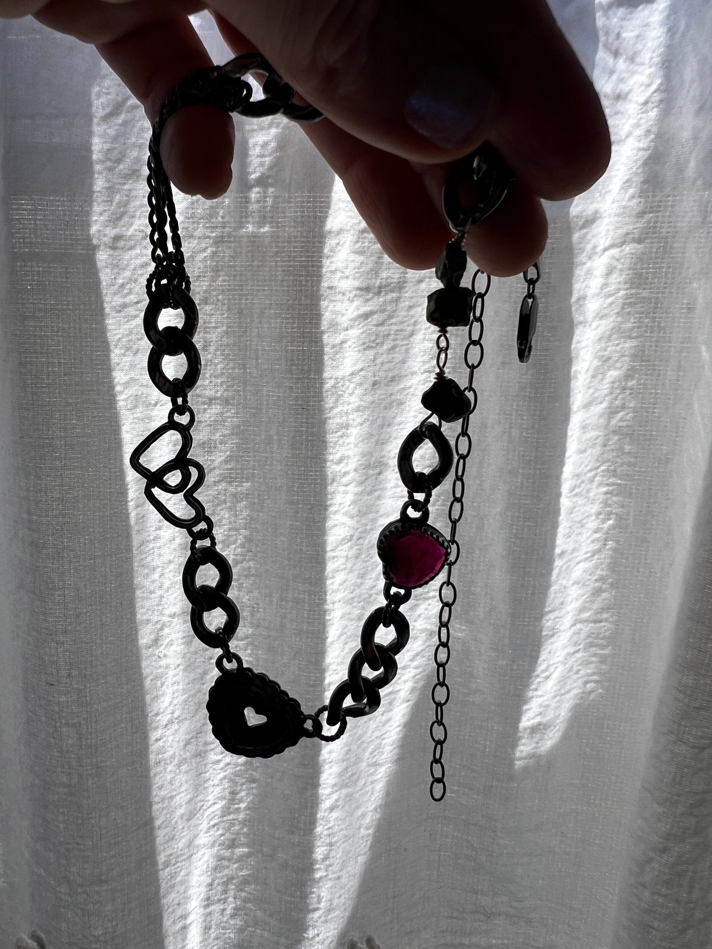 Garnet Sweetheart Necklace With Interlacing Hearts and Pyrite