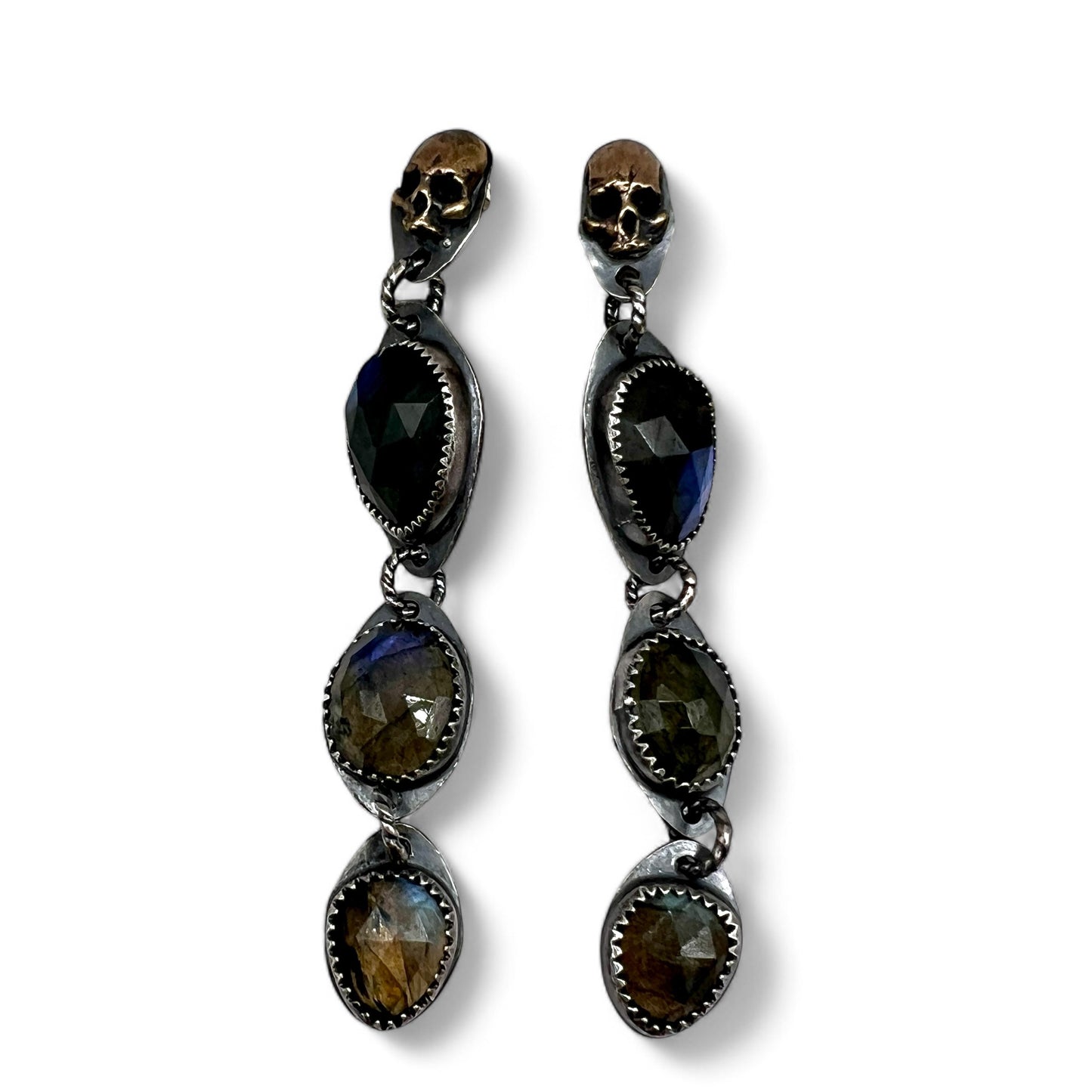 Triple Labradorite Skull Stud Earrings