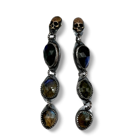 Triple Labradorite Skull Stud Earrings