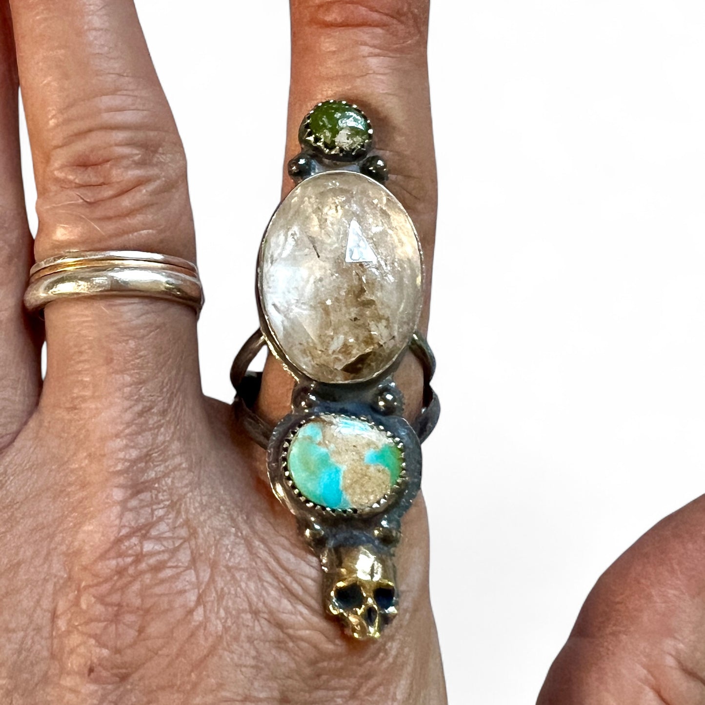 Herkimer Diamond and Double Turquoise Skull Ring size 9.5