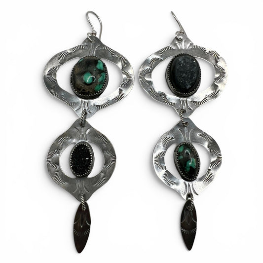 Emerald Rose Variscite and Black Druzy Bombay Beach Earrings