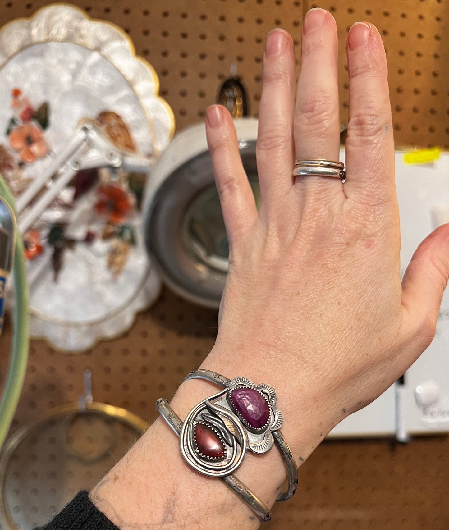 Ruby and Garnet Flower Cuff Bracelet