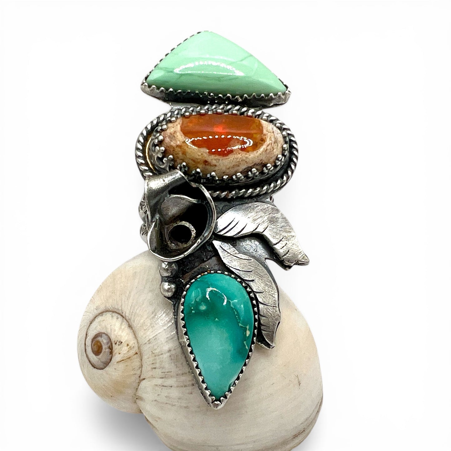 Broken Arrow Variscite, Mexican Fire Opal and Carico Lake Turquoise Rose Parade Ring size 6.5