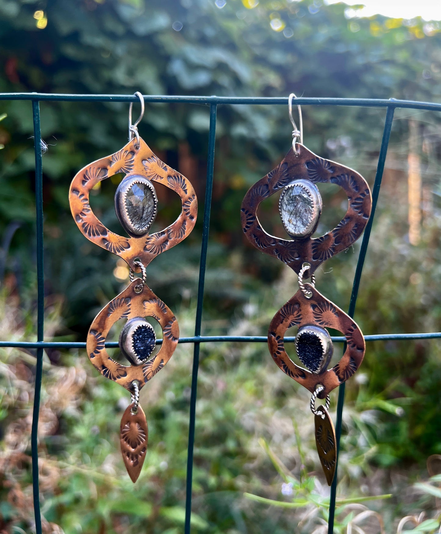 Black Rutilated Quartz and Black Druzy Bombay Beach Earrings