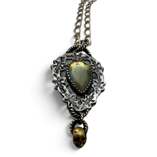 Labradorite Barbed Wire Skull Necklace