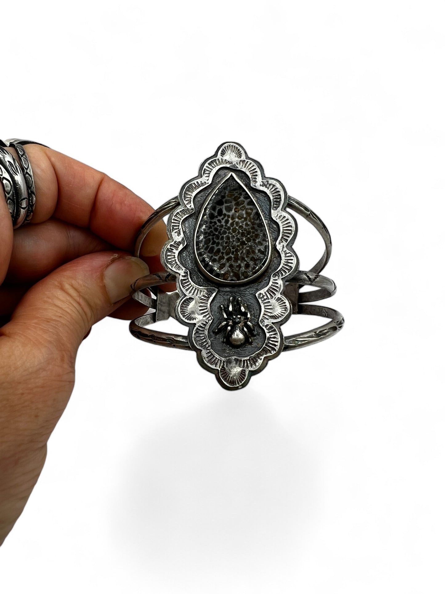 Fossil Coral Spider Cuff Bracelet