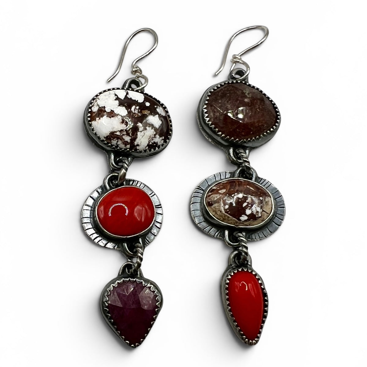 Lollipop Earrings of Wild Horse Magnesite, Rosarita, Ruby and Strawberry Quartz