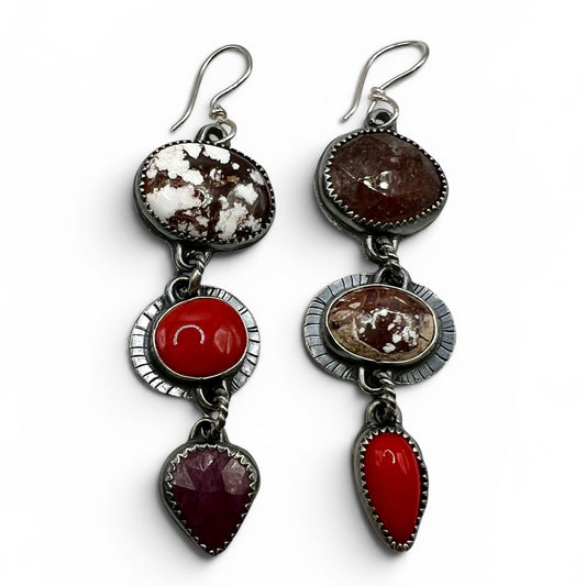 Lollipop Earrings of Wild Horse Magnesite, Rosarita, Ruby and Strawberry Quartz
