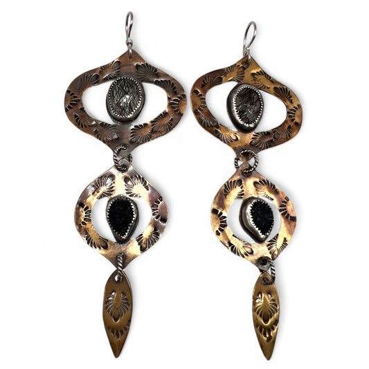 Black Rutilated Quartz and Black Druzy Bombay Beach Earrings