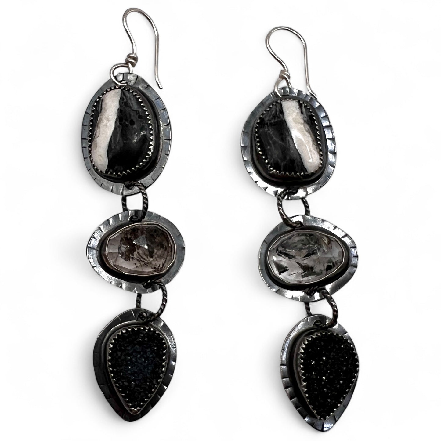 White Buffalo Turquoise, Herkimer Diamond and Black Druzy Lollipop Earrings