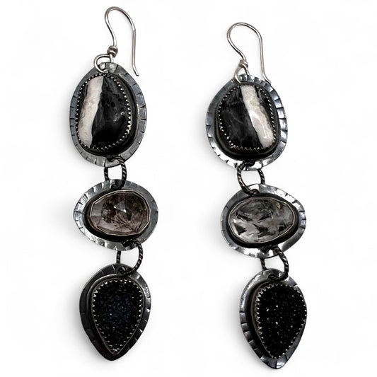 White Buffalo Turquoise, Herkimer Diamond and Black Druzy Lollipop Earrings