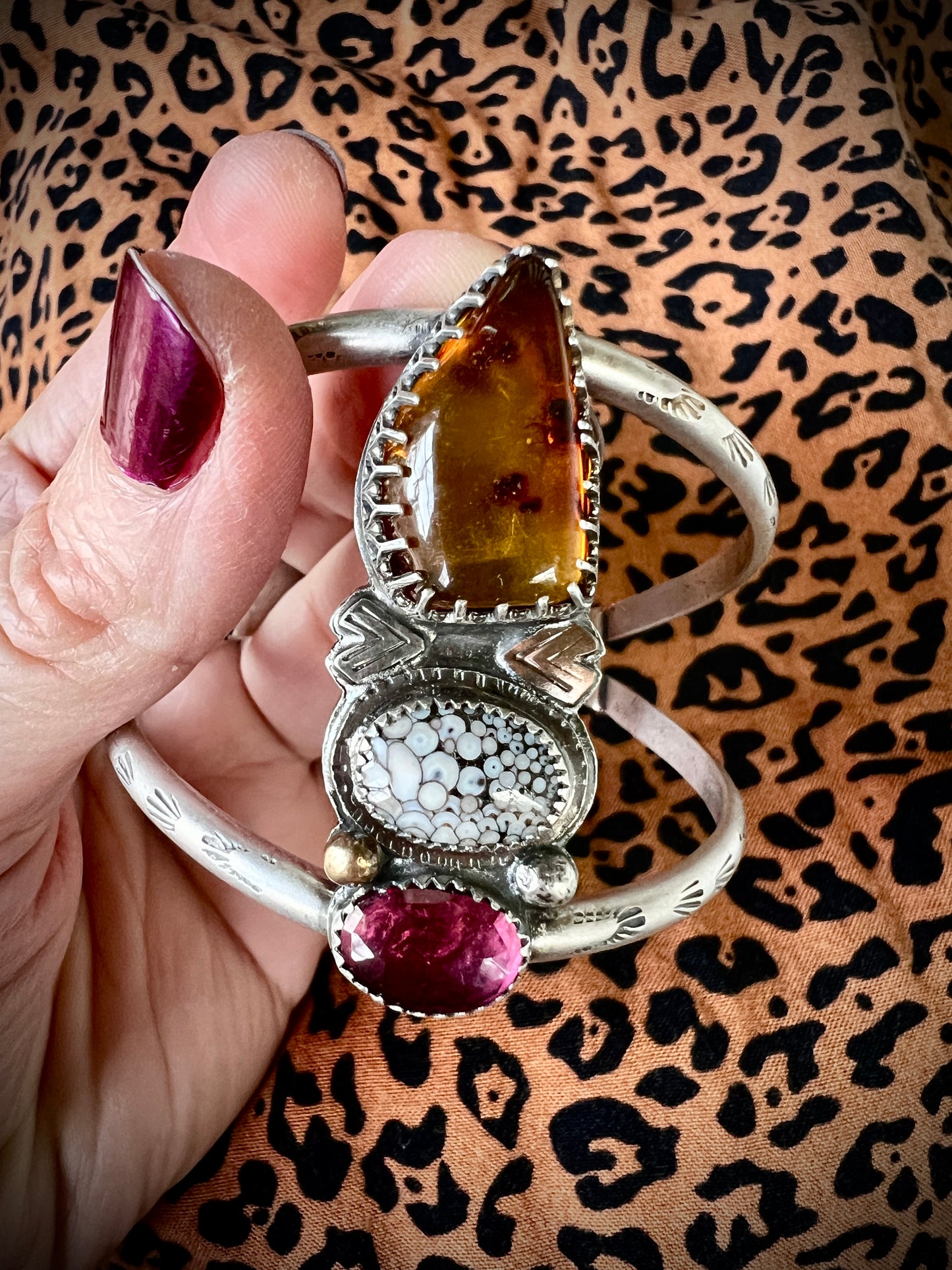 Baltic Amber, Snakeskin Agate and Grape Garnet Arrow Cuff Bracelet