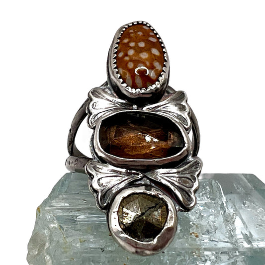 Fawn Jasper, Smoky Quartz and Pyrite Ring size 10
