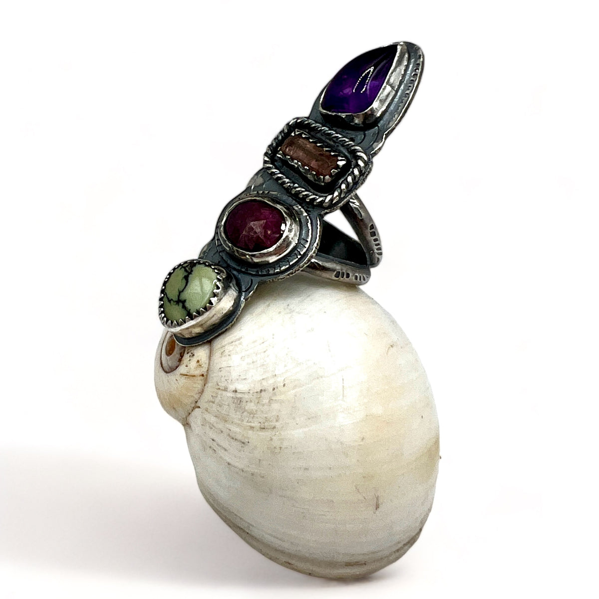 Amethyst, Watermelon Tourmaline, Ruby and Variscite Quadruple Ring size 4