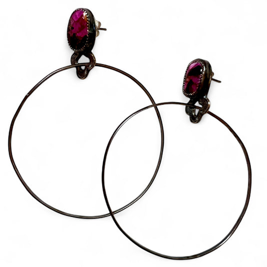 Pink Calcite Black Onyx Sterling Otter Hoops