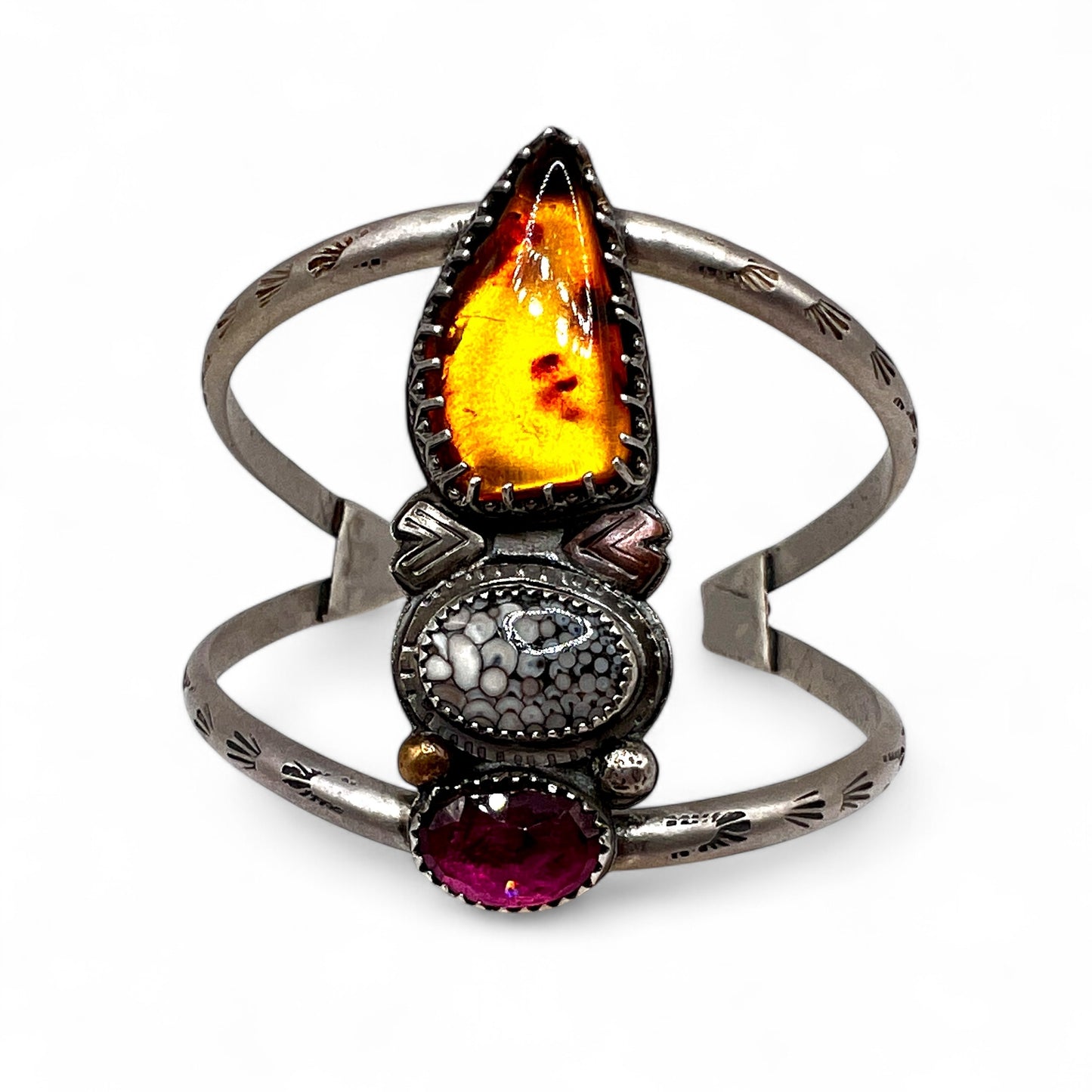 Baltic Amber, Snakeskin Agate and Grape Garnet Arrow Cuff Bracelet