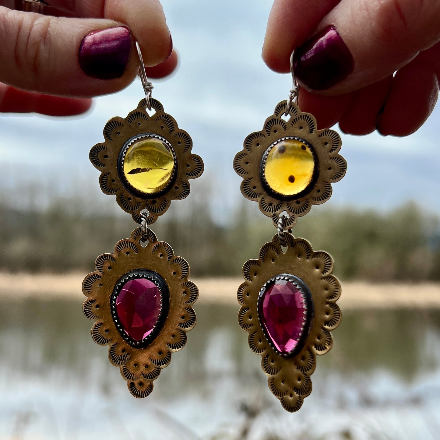 Amber and Garnet Ruffle Earrings