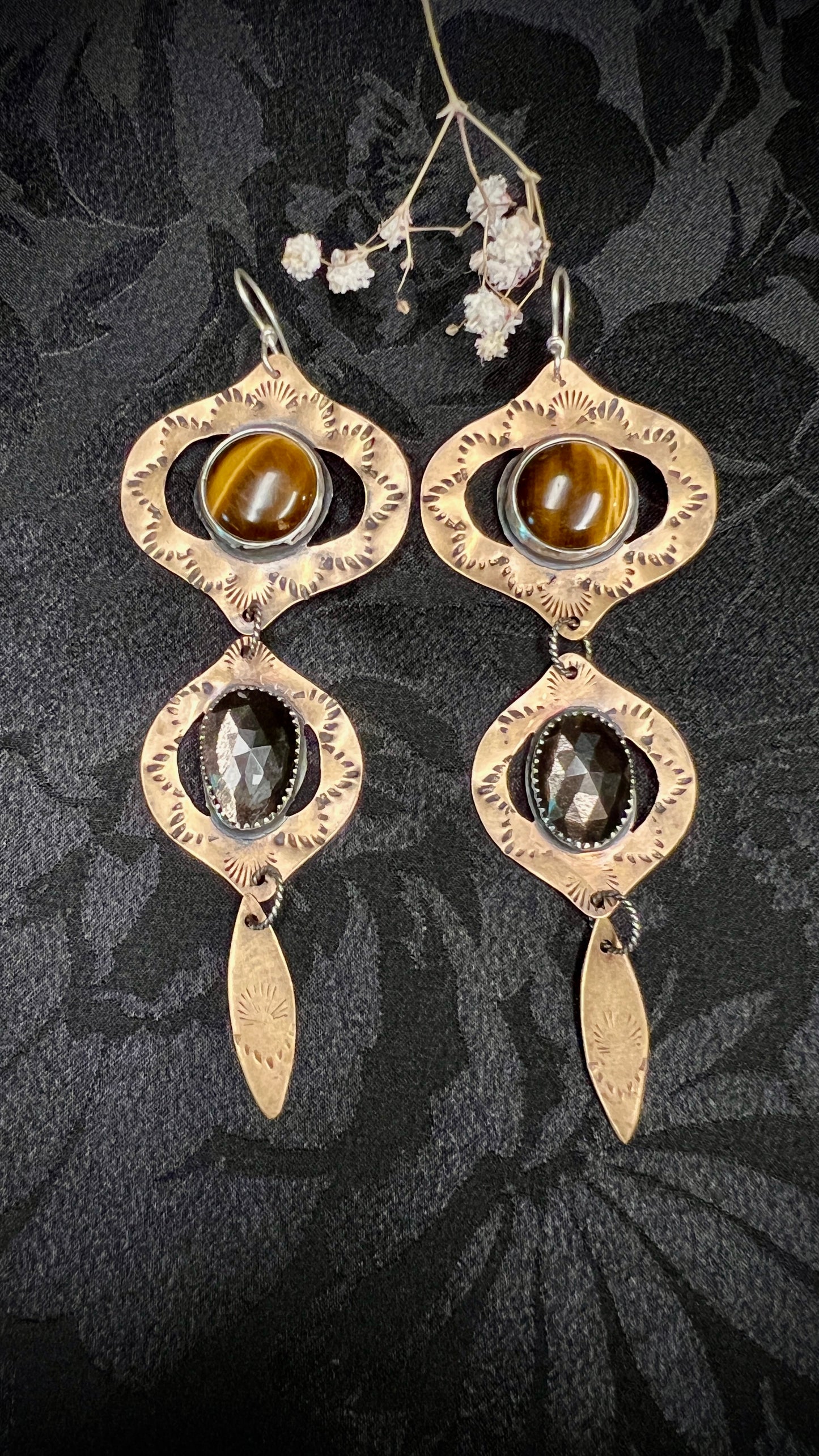 Bombay Beach Tigers Eye and Black Sapphire Earrings